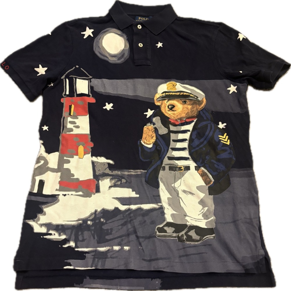 Polo Ralph Lauren Mens Small Navy Polo Bear Captain Lighthouse Flag Polo Shirt